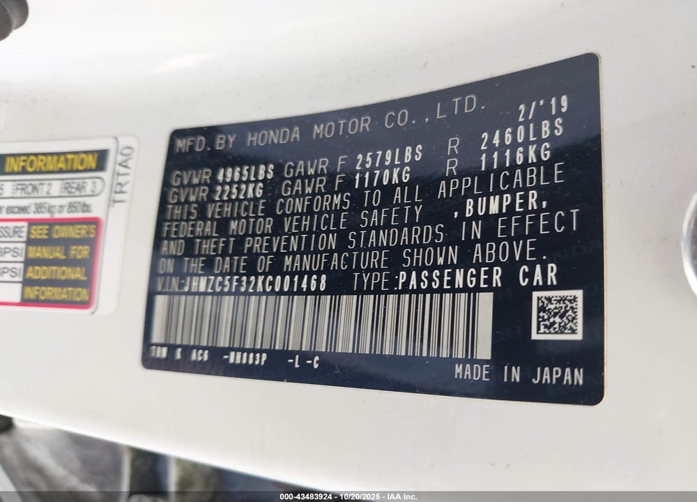 2019 HONDA CLARITY PLUG-IN HYBRID TOURING VIN: JHMZC5F32KC001468
