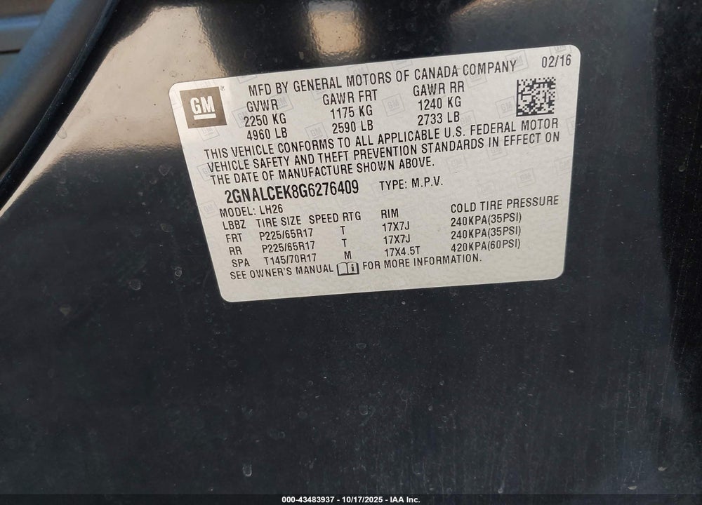 2016 CHEVROLET EQUINOX LT VIN: 2GNALCEK8G6276409