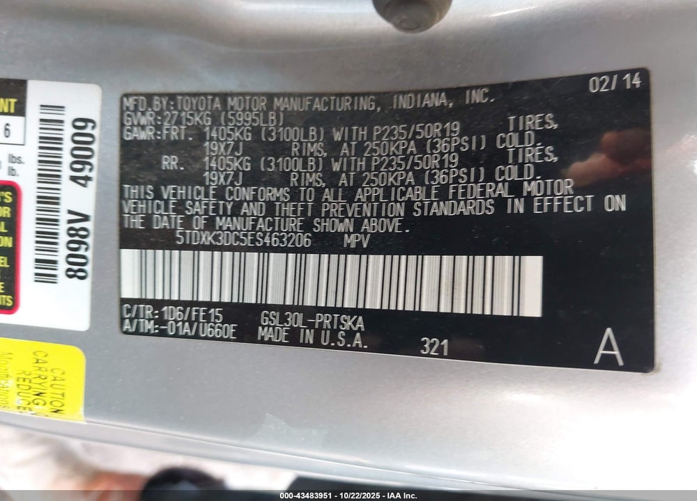 2014 TOYOTA SIENNA SE 8 PASSENGER VIN: 5TDXK3DC5ES463206