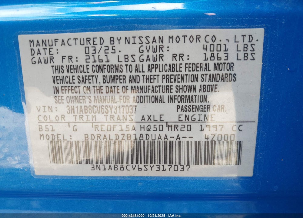 2025 NISSAN SENTRA SV VIN: 3N1AB8CV6SY317037