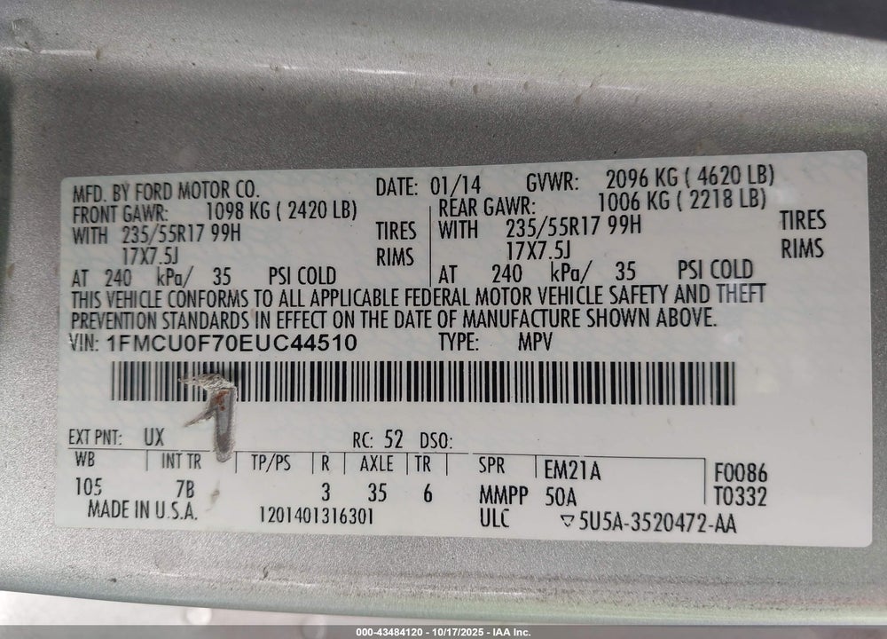 2014 FORD ESCAPE S VIN: 1FMCU0F70EUC44510