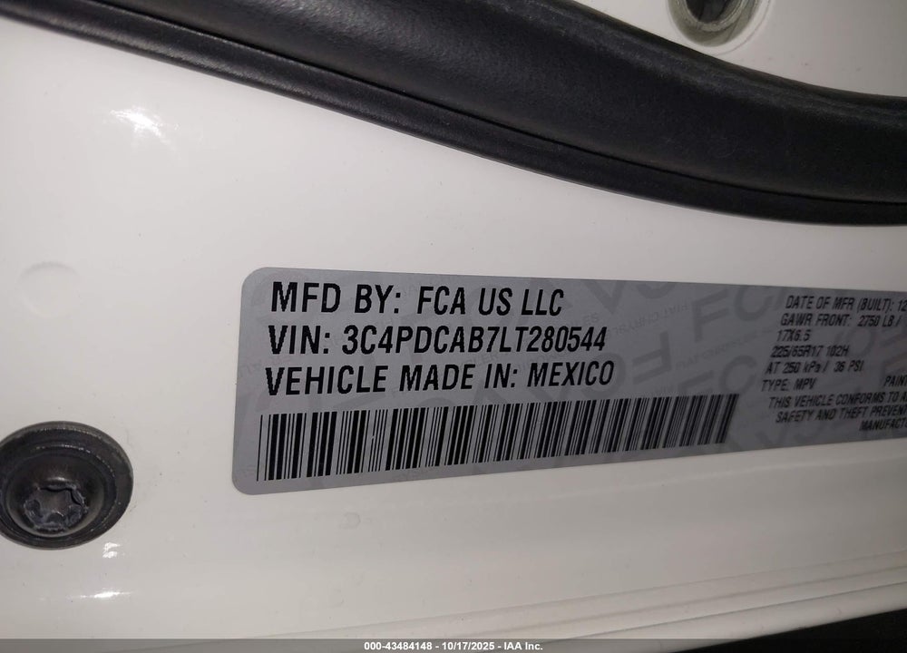 2020 DODGE JOURNEY SE VALUE VIN: 3C4PDCAB7LT280544