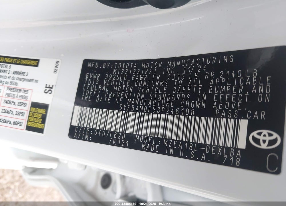 2025 TOYOTA COROLLA VIN: 5YFB4MDE5SP246108