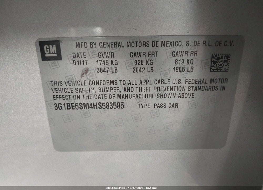 2017 CHEVROLET CRUZE VIN: 3G1BE6SM4HS583585