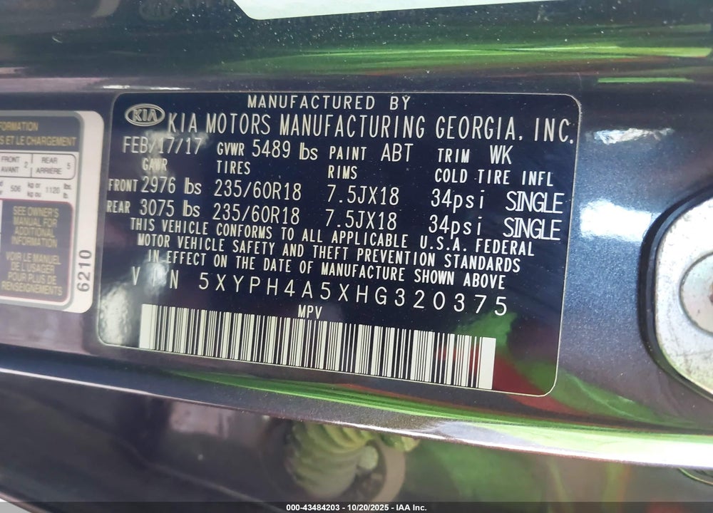 2017 KIA SORENTO 3.3L EX VIN: 5XYPH4A5XHG320375
