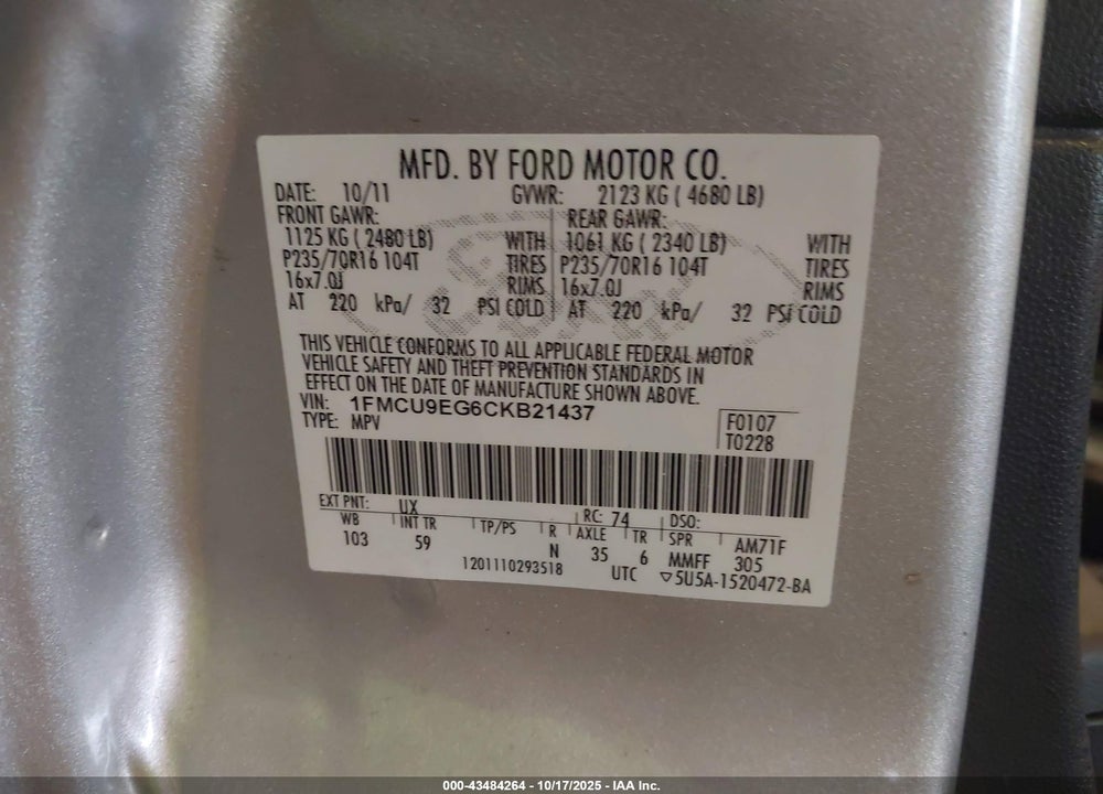 2012 FORD ESCAPE LIMITED VIN: 1FMCU9EG6CKB21437