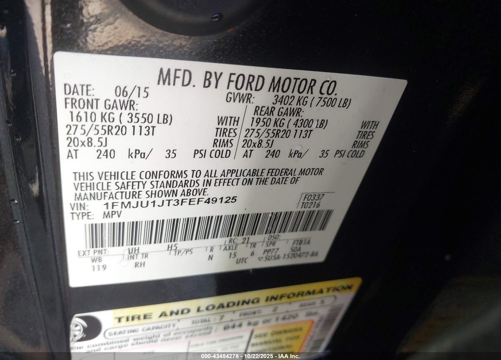 2015 FORD EXPEDITION XLT/KING RANCH VIN: 1FMJU1JT3FEF49125
