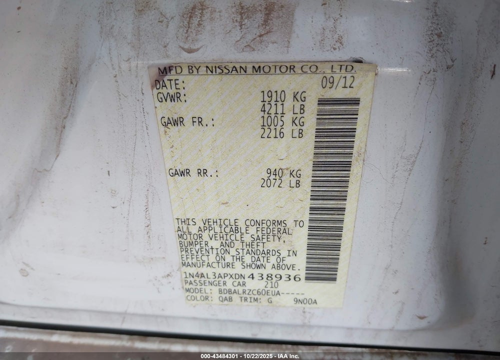 2013 NISSAN ALTIMA 2.5 S VIN: 1N4AL3APXDN438936