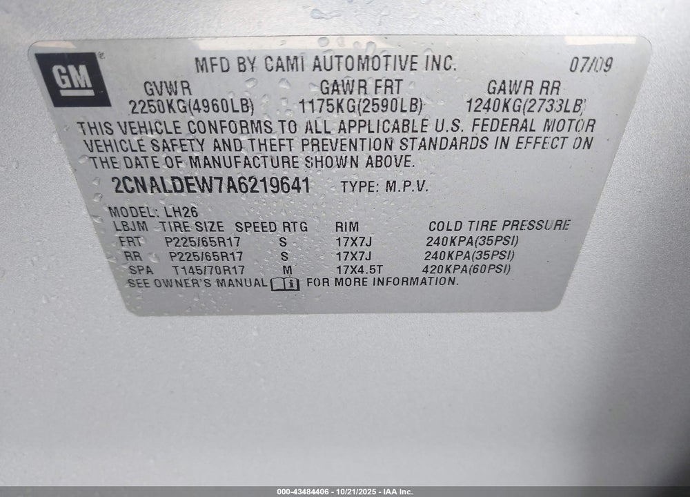 2010 CHEVROLET EQUINOX LT VIN: 2CNALDEW7A6219641