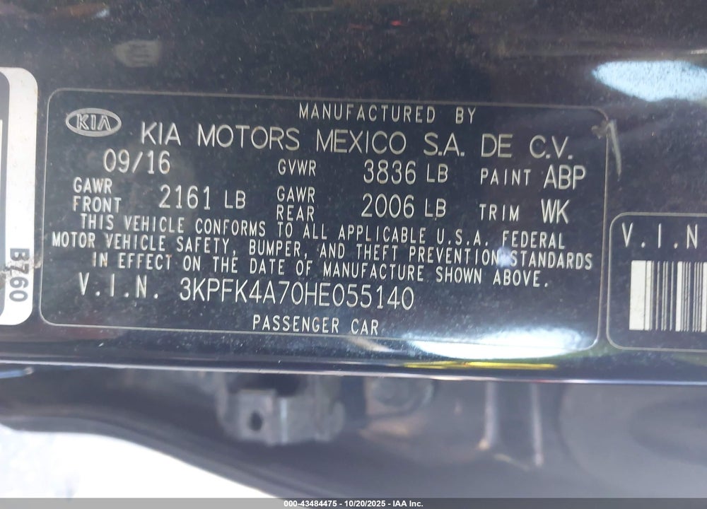 2017 KIA FORTE VIN: 3KPFK4A70HE055140