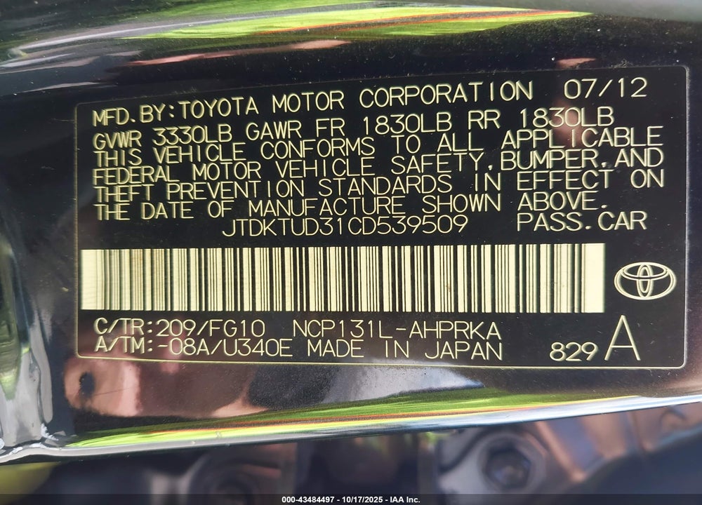 2012 TOYOTA YARIS VIN: JTDKTUD31CD539509