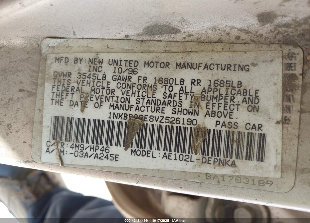 1997 TOYOTA COROLLA DX VIN: 1NXBB02E8VZ526190