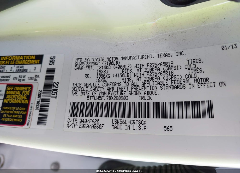 2013 TOYOTA TUNDRA VIN: 5TFUW5F17DX288903