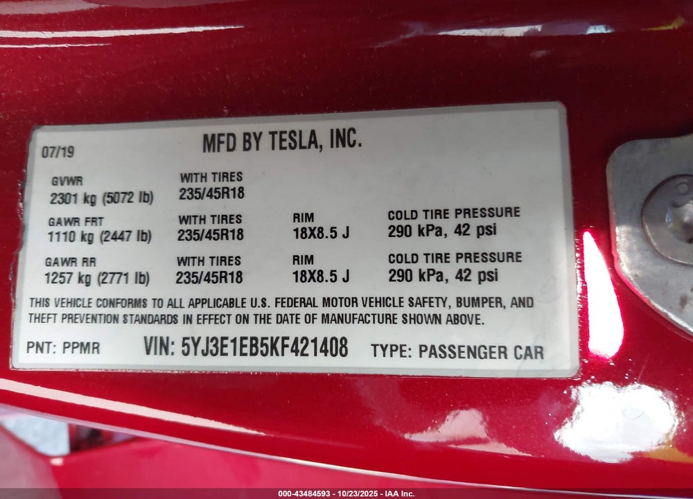 2019 TESLA MODEL 3 LONG RANGE/PERFORMANCE VIN: 5YJ3E1EB5KF421408