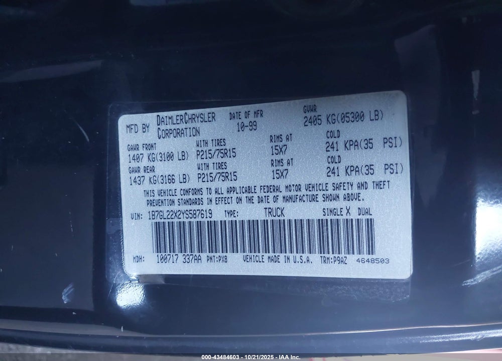 2000 DODGE DAKOTA SLT/SPORT VIN: 1B7GL22X2YS587619