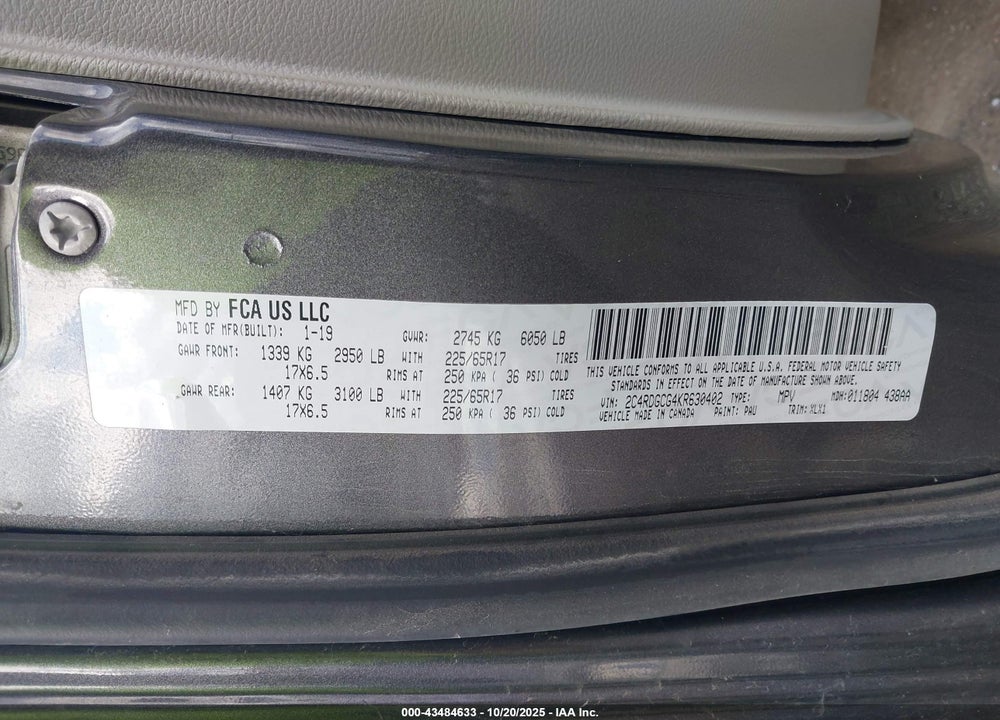 2019 DODGE GRAND CARAVAN SXT VIN: 2C4RDGCG4KR630402