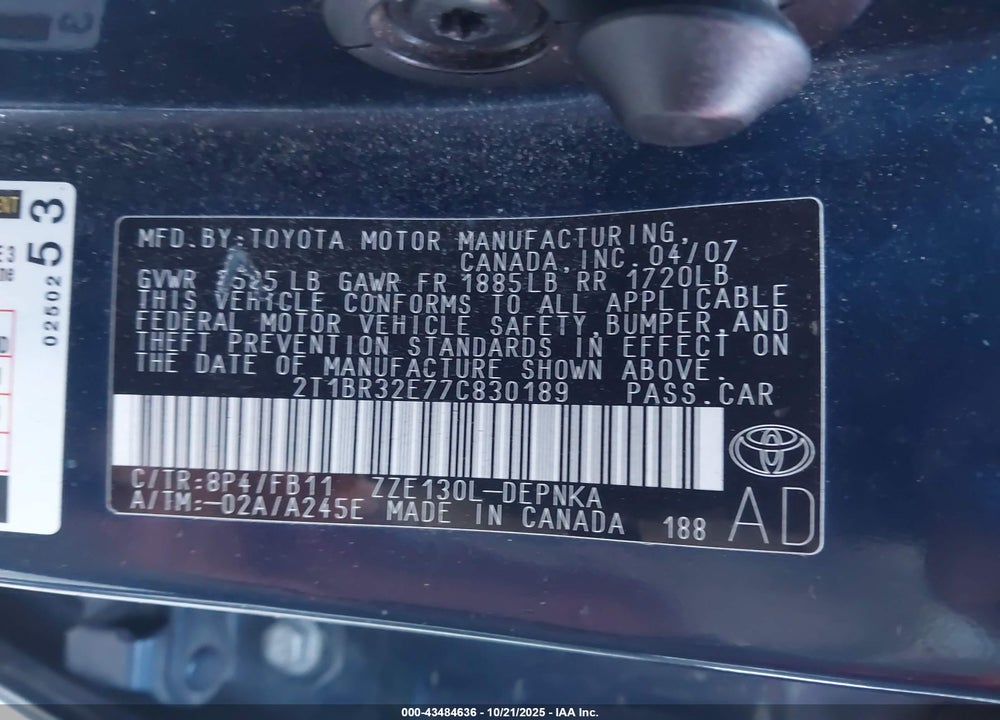 2007 TOYOTA COROLLA VIN: 2T1BR32E77C830189