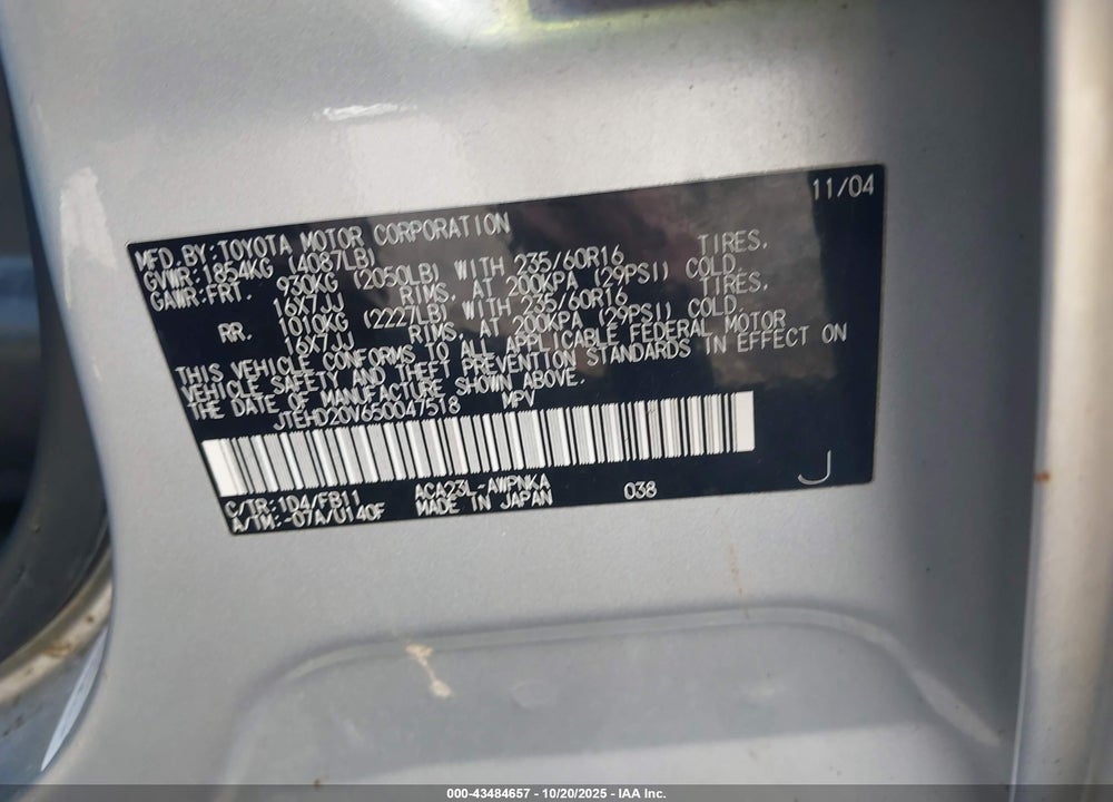 2005 TOYOTA RAV4 VIN: JTEHD20V650047518