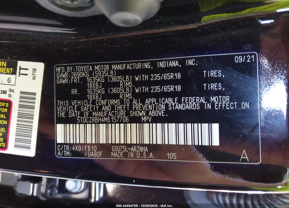 2021 TOYOTA HIGHLANDER VIN: 5TDCZRBH4MS157706