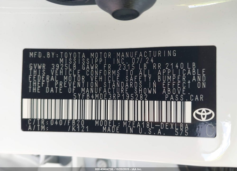 2024 TOYOTA COROLLA LE VIN: 5YFB4MDE3RP195282