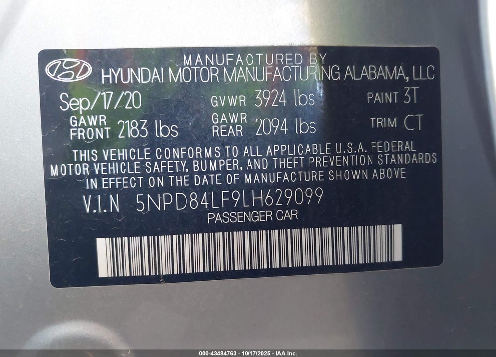 2020 HYUNDAI ELANTRA VALUE EDITION VIN: 5NPD84LF9LH629099