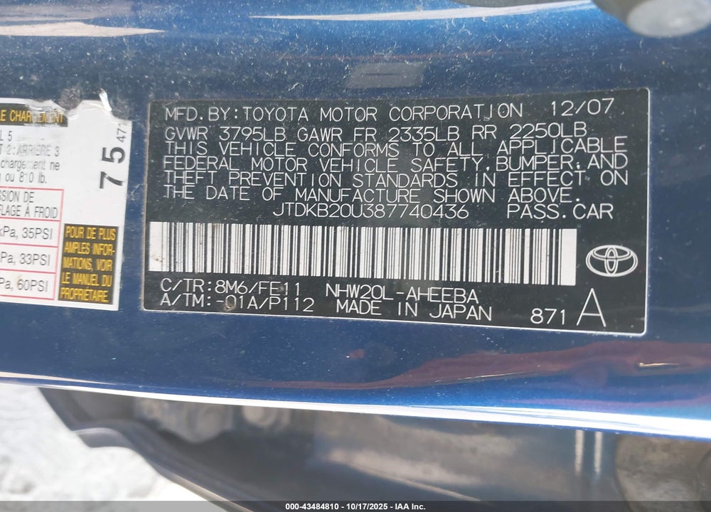 2008 TOYOTA PRIUS VIN: JTDKB20U387740436