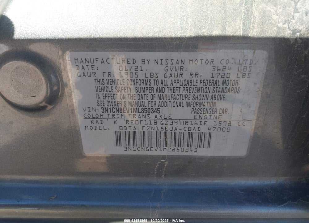 2021 NISSAN VERSA SV XTRONIC CVT VIN: 3N1CN8EV1ML850345