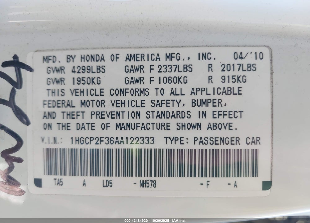 2010 HONDA ACCORD 2.4 LX VIN: 1HGCP2F36AA122333