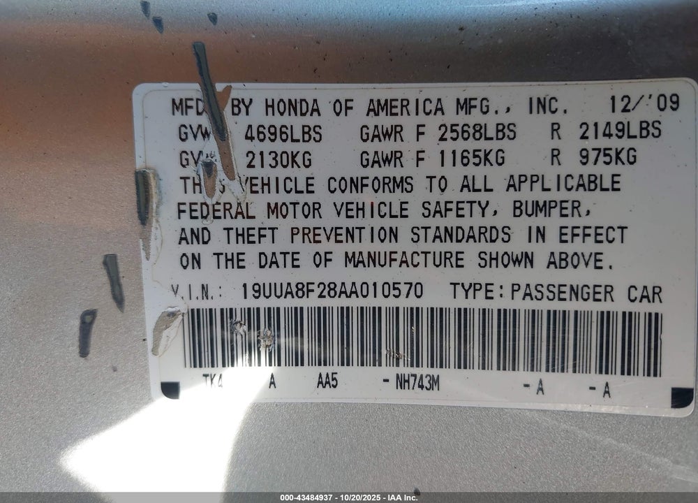 2010 ACURA TL VIN: 19UUA8F28AA010570