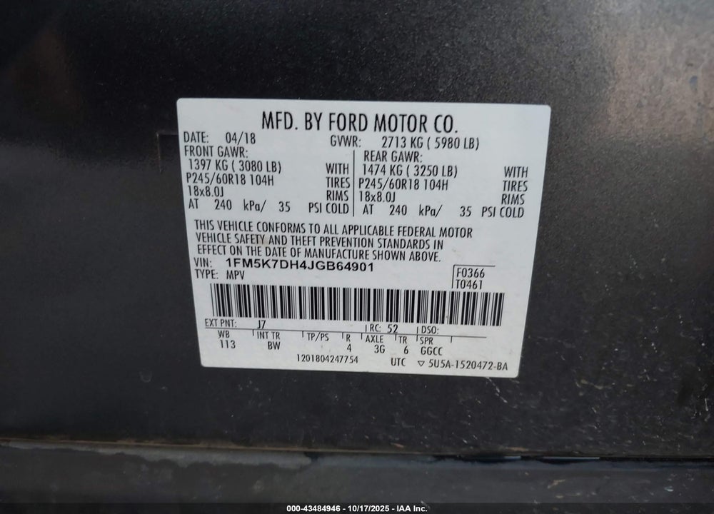 2018 FORD EXPLORER VIN: 1FM5K7DH4JGB64901