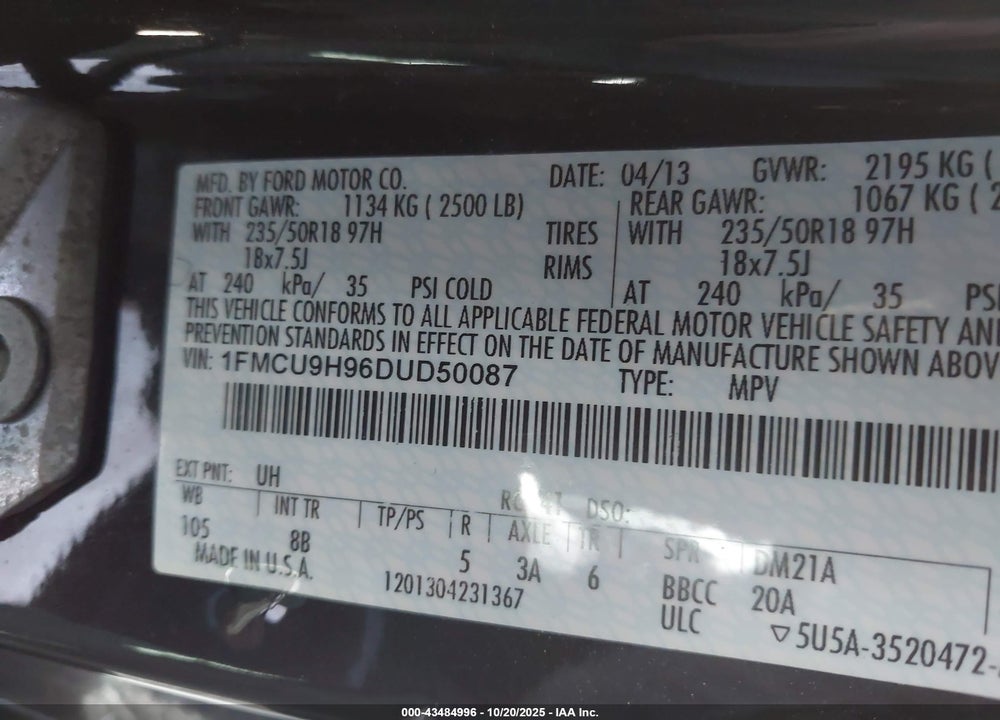 2013 FORD ESCAPE VIN: 1FMCU9H96DUD50087