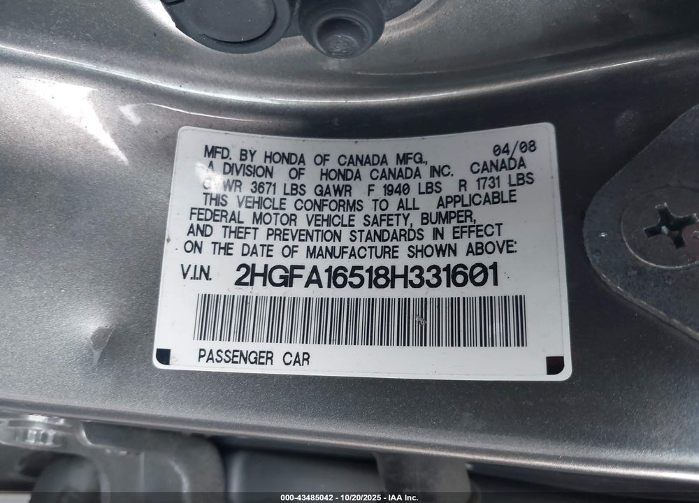 2008 HONDA CIVIC LX VIN: 2HGFA16518H331601