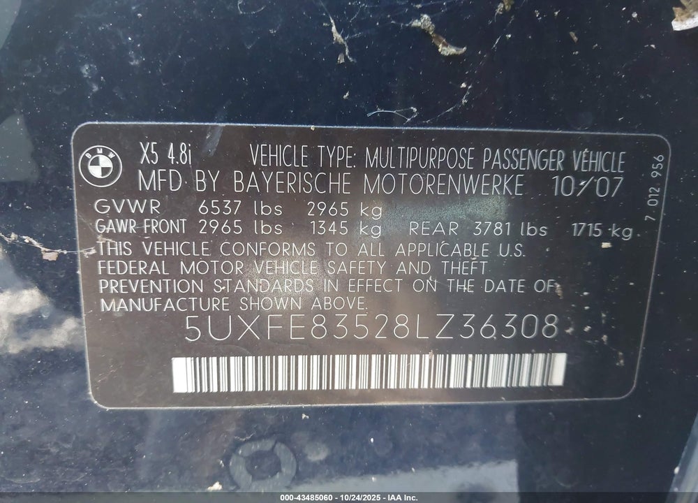 2008 BMW X5 4.8I VIN: 5UXFE83528LZ36308