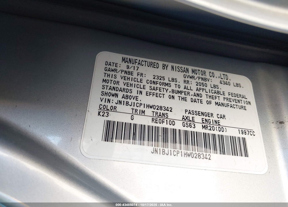 2017 NISSAN ROGUE SPORT VIN: JN1BJ1CP1HW028342