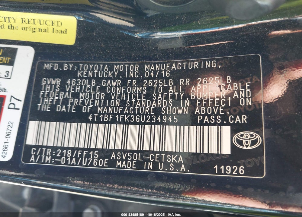 2016 TOYOTA CAMRY SE VIN: 4T1BF1FK3GU234945