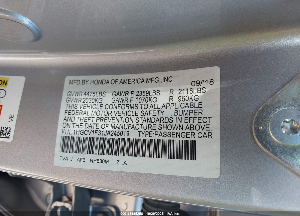 2018 HONDA ACCORD SPORT VIN: 1HGCV1F31JA245019