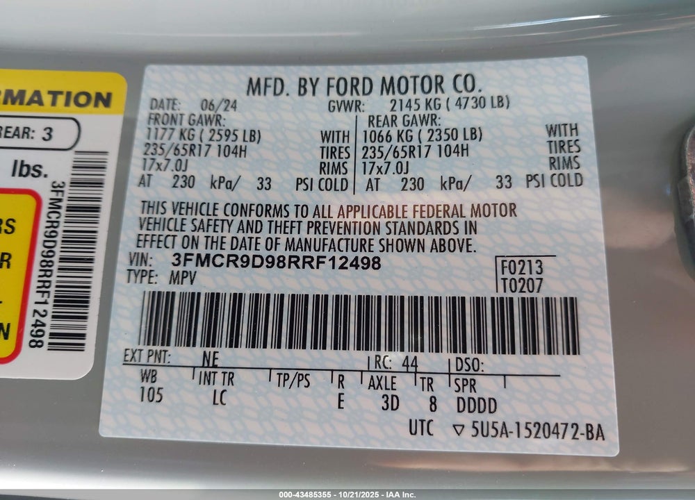 2024 FORD BRONCO SPORT BADLANDS VIN: 3FMCR9D98RRF12498