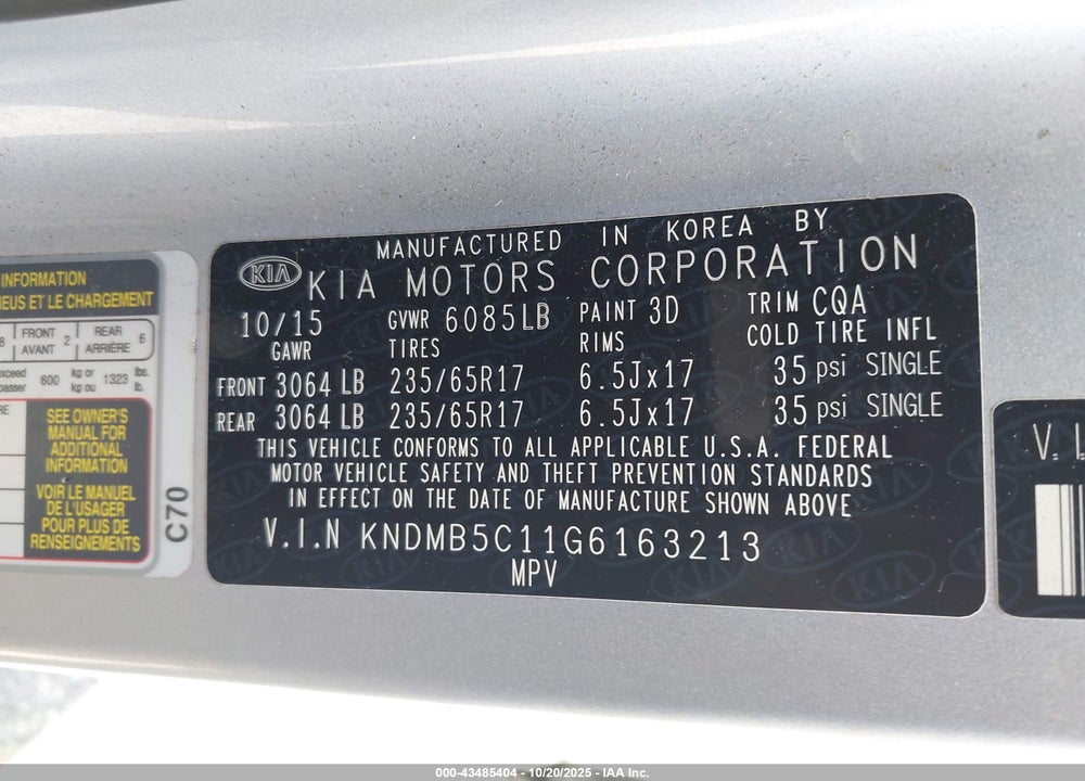 2016 KIA SEDONA VIN: KNDMB5C11G6163213