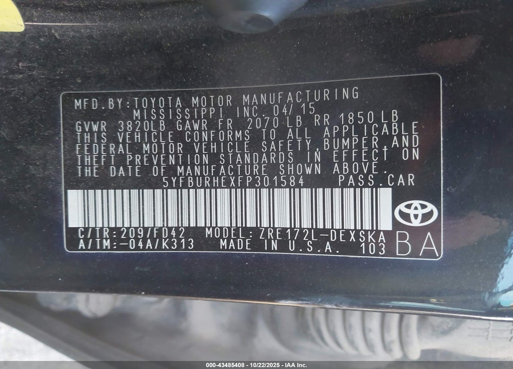 2015 TOYOTA COROLLA S PLUS VIN: 5YFBURHEXFP301584