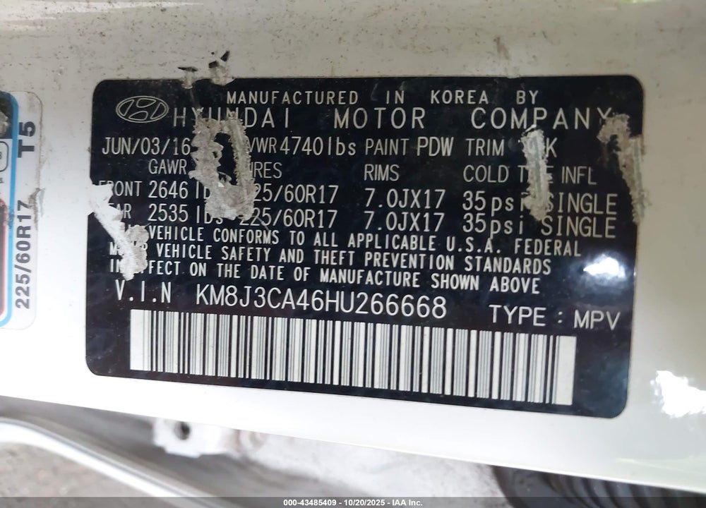 2017 HYUNDAI TUCSON SE VIN: KM8J3CA46HU266668