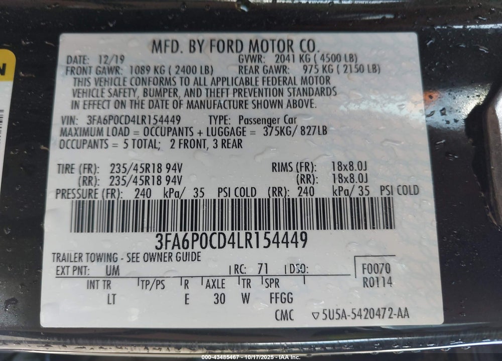 2020 FORD FUSION SEL VIN: 3FA6P0CD4LR154449