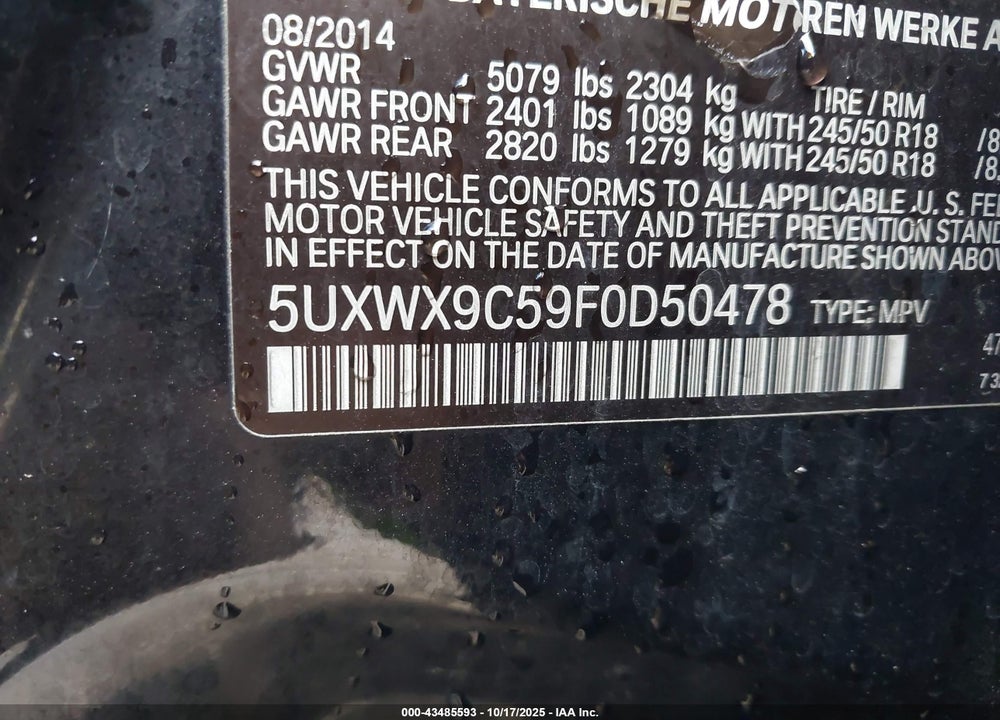 2015 BMW X3 VIN: 5UXWX9C59F0D50478