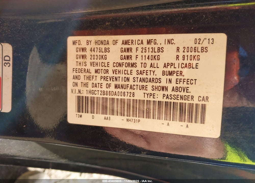 2013 HONDA ACCORD EX-L V-6 VIN: 1HGCT2B86DA006728