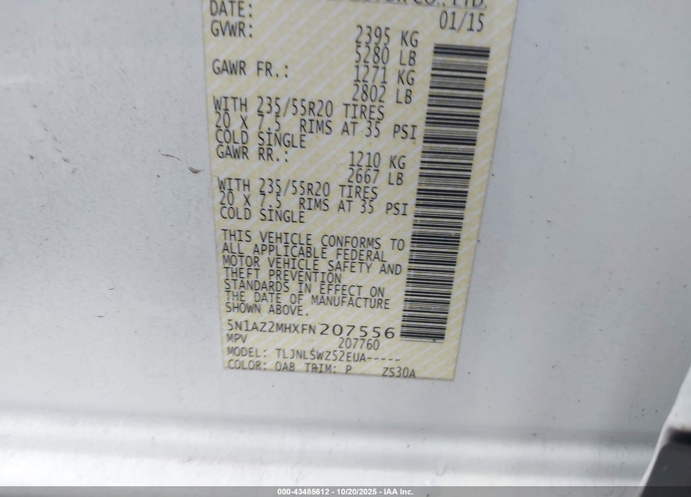 2015 NISSAN MURANO PLATINUM VIN: 5N1AZ2MHXFN207556