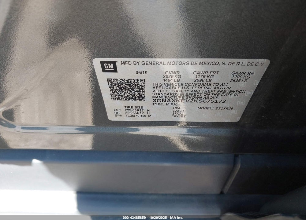 2019 CHEVROLET EQUINOX LT VIN: 3GNAXKEV2KS675173