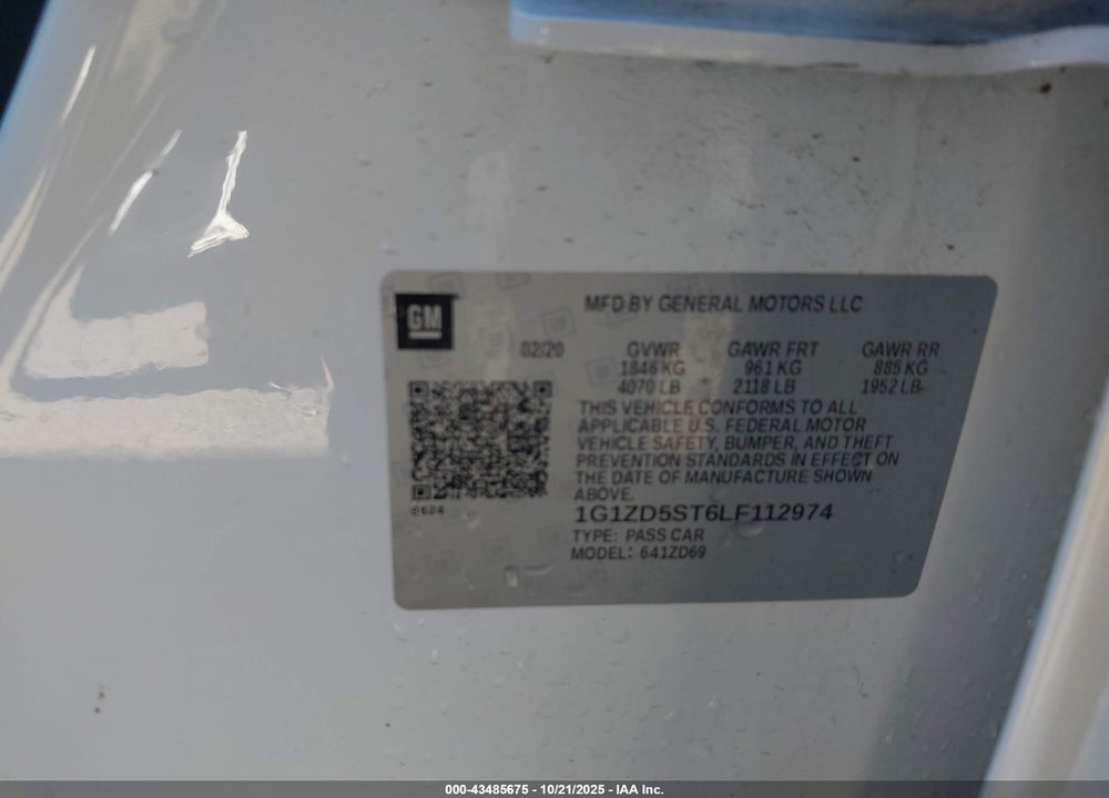 2020 CHEVROLET MALIBU VIN: 1G1ZD5ST6LF112974