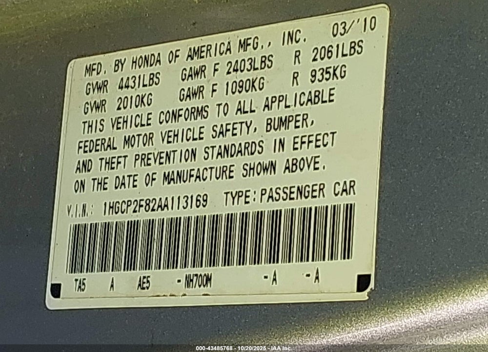 2010 HONDA ACCORD 2.4 EX-L VIN: 1HGCP2F82AA113169
