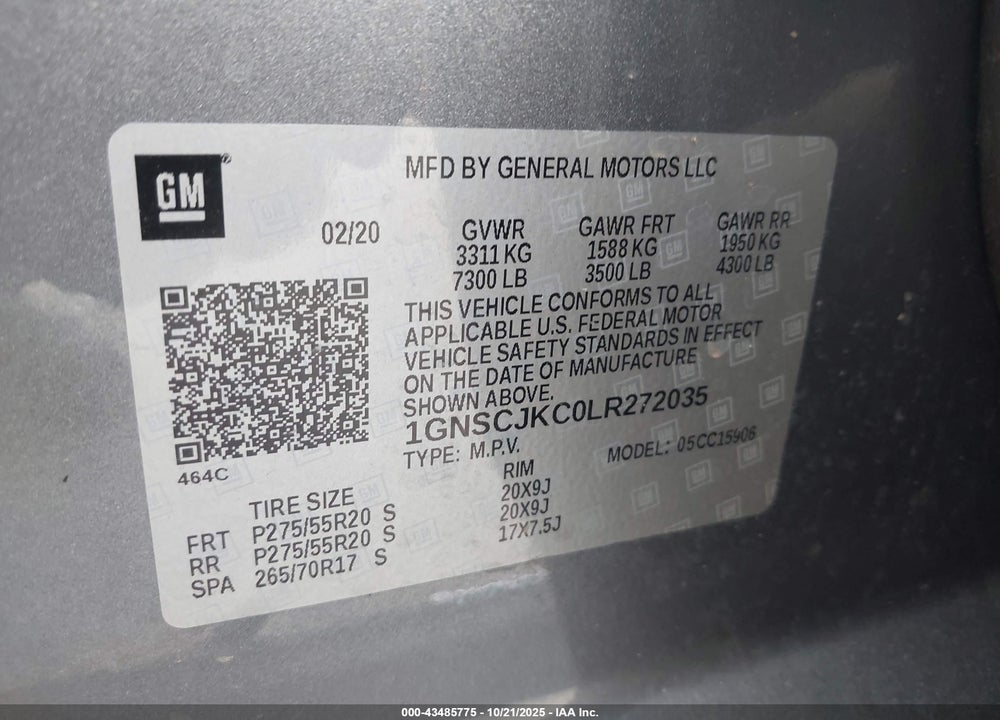 2020 CHEVROLET SUBURBAN 2WD PREMIER VIN: 1GNSCJKC0LR272035
