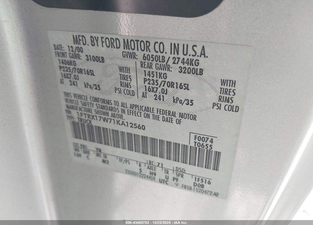 2001 FORD F-150 LARIAT/XL/XLT VIN: 1FTRX17W71KA12560