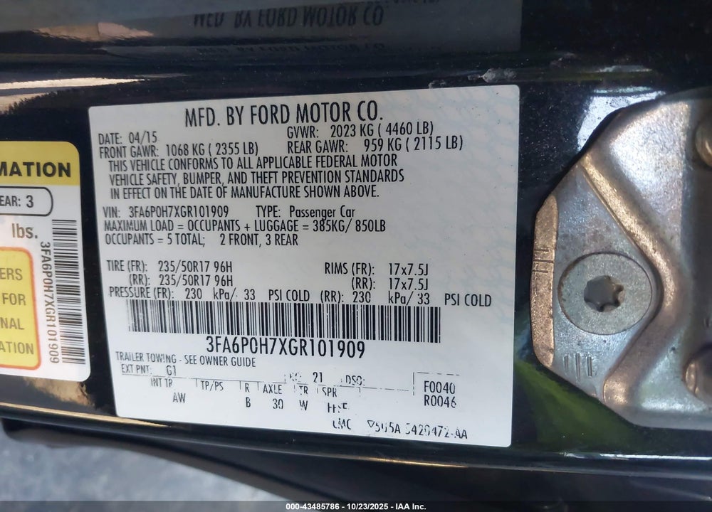 2016 FORD FUSION SE VIN: 3FA6P0H7XGR101909